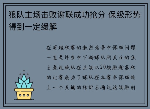 狼队主场击败谢联成功抢分 保级形势得到一定缓解