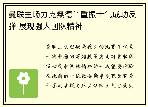 曼联主场力克桑德兰重振士气成功反弹 展现强大团队精神