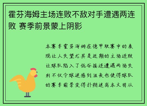 霍芬海姆主场连败不敌对手遭遇两连败 赛季前景蒙上阴影